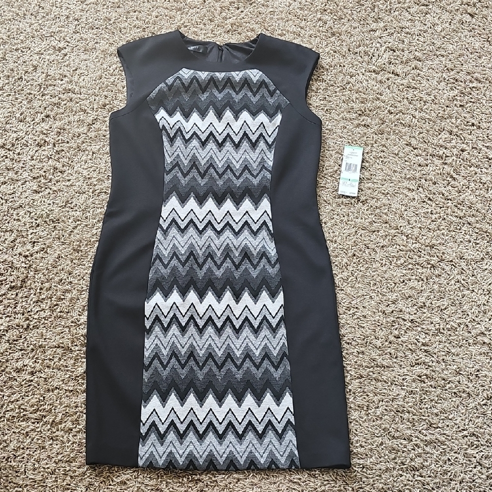 NWT Nine West Dress Black Chevron Sleeveless Work Career Sheath 8 Medium Knee